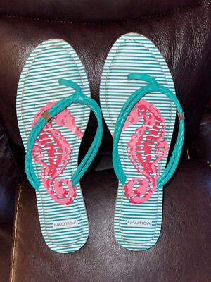 Nautica Beach Aqua Teal Striped Seahorse Braided Flat Flip Flop Sandal Size 7