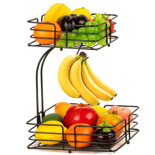 Cesta de almacenamiento de frutas y verduras cuadrada Auledio de 2 niveles con ba...