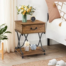 Side End Table Nightstand Storage Shelf with Drawers Bedside Table Metal Frame