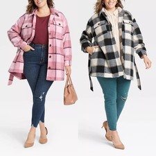 Womens Ava & Viv Plus Size Plaid Shirt Shacket Belted Coat Size 14-30
