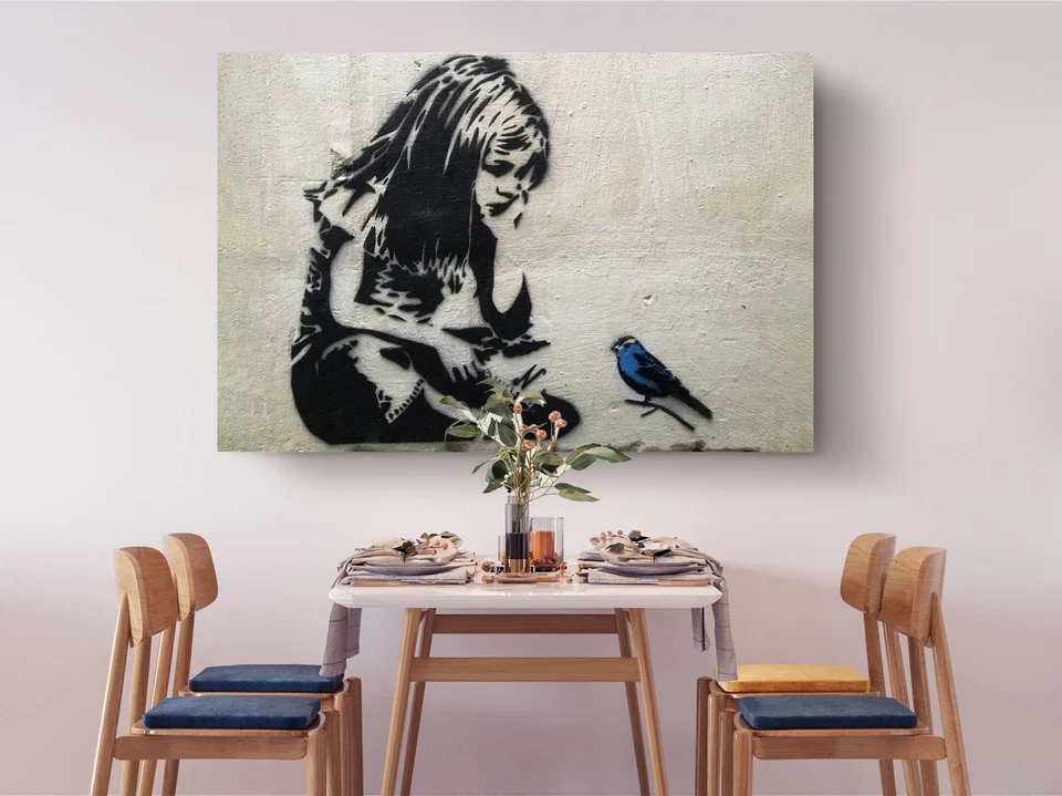 Banksy 帆布印花女孩蓝色鸟大号可悬挂城市艺术 — 第 4/4 张图片