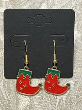 Retro Christmas Stocking Holiday Gold Loop Enamel Drop Dangle Adorable Earrings