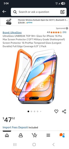 UltraGlass UNBREAK 9H+ Glass iPhone 16 Pro Max 6.9' - Photo 4 sur 5