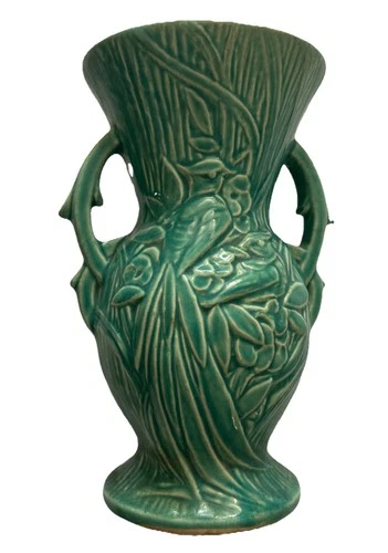Vintage McCoy Embossed Decorated Bird of Paradise 8” Handled Art Pottery Vase