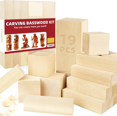Basswood Carving Blocks, 19PCS Whittling Wood Blocks Kit with 3 Different Sizes,
