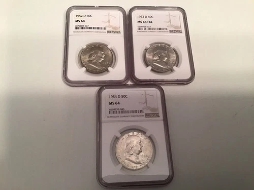 Franklin Half Dollars 1952-D 1953-D 1954-D 3 Coin Set MS 64 NGC 90 Silver