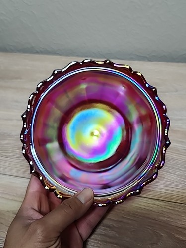 FENTON RUBY RED CARNIVAL IRIDESCENT OGEE 2 Piece CANDY DISH & Lid 7.5"W X 6.5"H - Picture 12 of 16