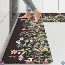 KIMODE Anti-Fatigue Kitchen Mats Set - 17"x47" & 17"x29", Non-Slip Floral Design