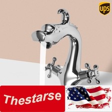 Silver Dragon Shape Two-Handle One Hole Bathroom Sink Mixer Tap Faucet Deck