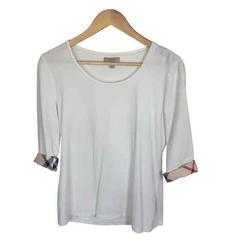 BURBERRY BRIT Lohit Three-Quarter Sleeve Classic Check-Cuff White Shirt Sz M - Picture 2 of 10