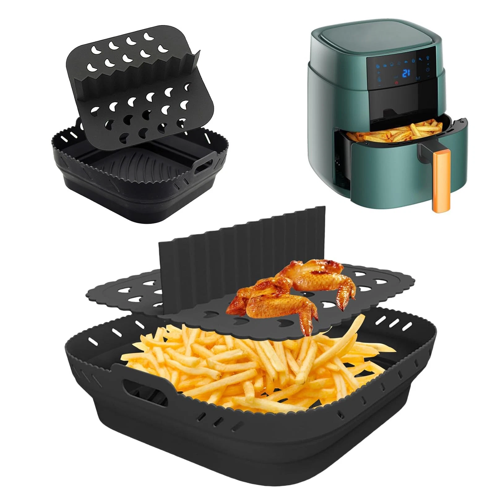 Silicone Air Fryer Liner with Divider – 8 Inch Square 21x21x8 cm, Black