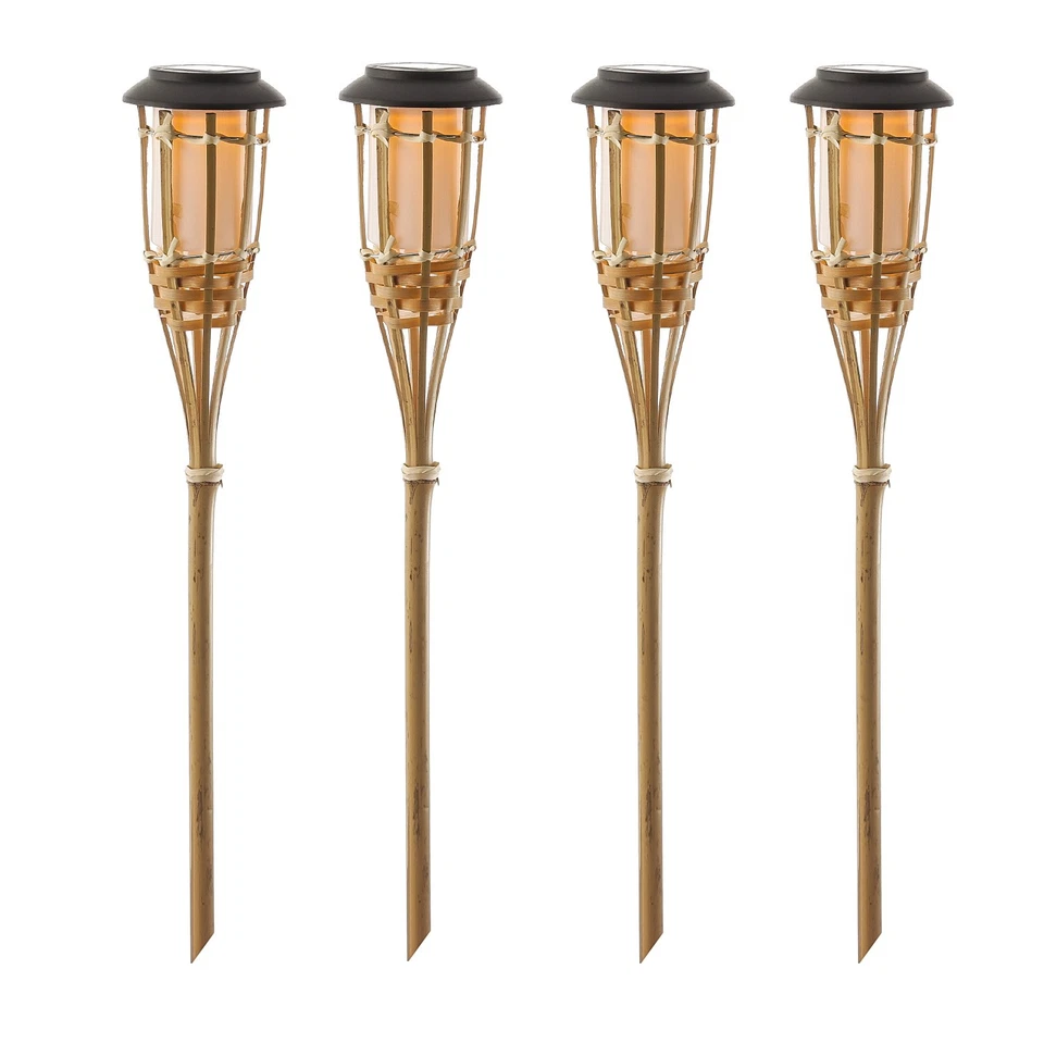LED Solar Gartenfackel Bambus Solarfackel Terrasse Gartenbeleuchtung 60cm 4St. - Bild 3 von 4
