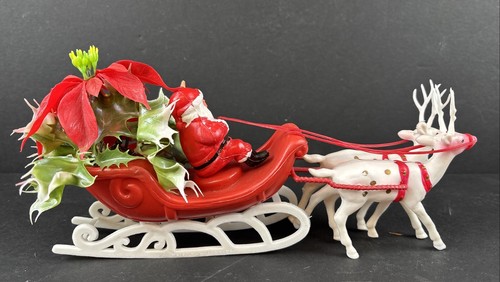 Vintage Plastic Santa Claus Sleigh 2 White Reindeer & Poinsettia Christmas 12" - Picture 3 of 17