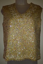 Vintage 60s Heavily Beaded Pearly Sequins Cream Knit Top Viva Vegas Rockabilly M