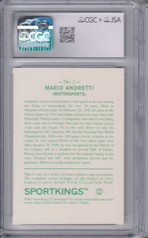 2007 Sportkings MARIO ANDRETTI Formula 1 & Indy 500 SIGNED CGC x JSA 10 AUTO 10 - Image 2 of 2