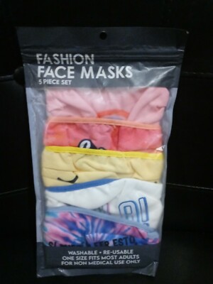 Fashion Face Sports Mask, 5-Pack, Washable Re-Usable. One Size Fits Most Adults