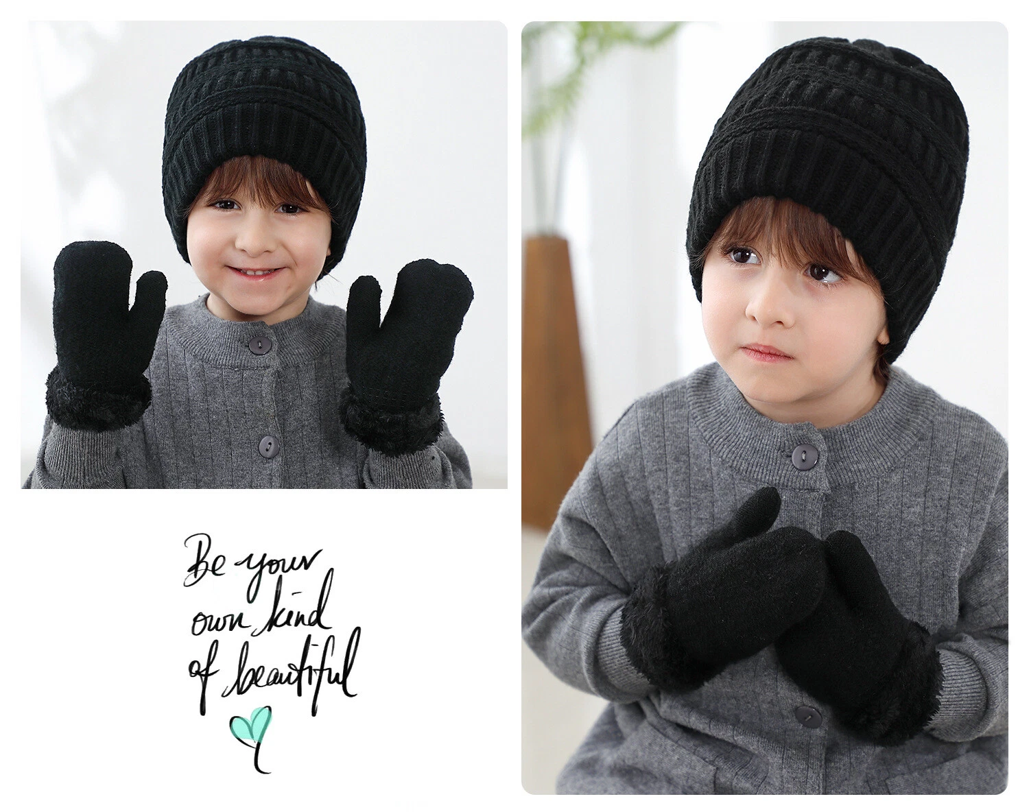 Autumn Winter Children's Hat Gloves Suit Knitted Hat Plush Knitted Gloves Set