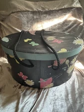 Vintage  Black / pink Sewing Box Oval Rope Handles  7 Tall.   8x11 Oval. Full