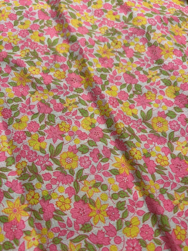 Vintage Retro Bright Pink Green Yellow Floral Lightweight Crepe Fabric