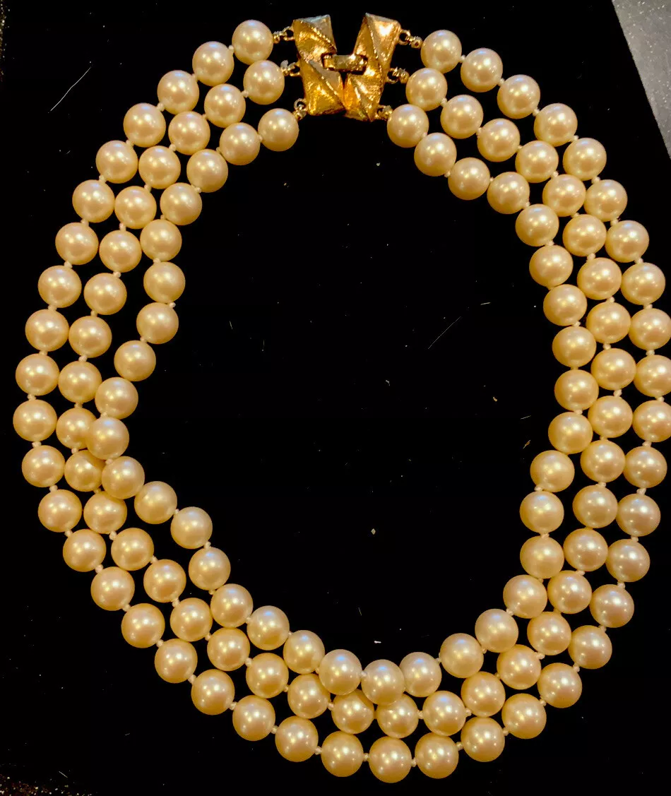 Vintage Monet Faux Pearl necklace choker 3 strand gold tone clasp 16
