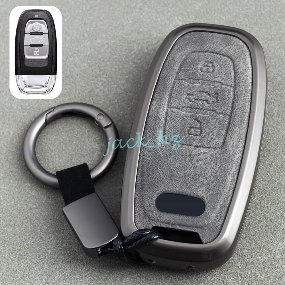 For Audi 3 Button Metal Leather Car Key Fob Case Cover Keychain Accessories