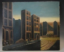 Vintage WPA Style  Outsider Art Harlem New York Oil Painting Original  1930