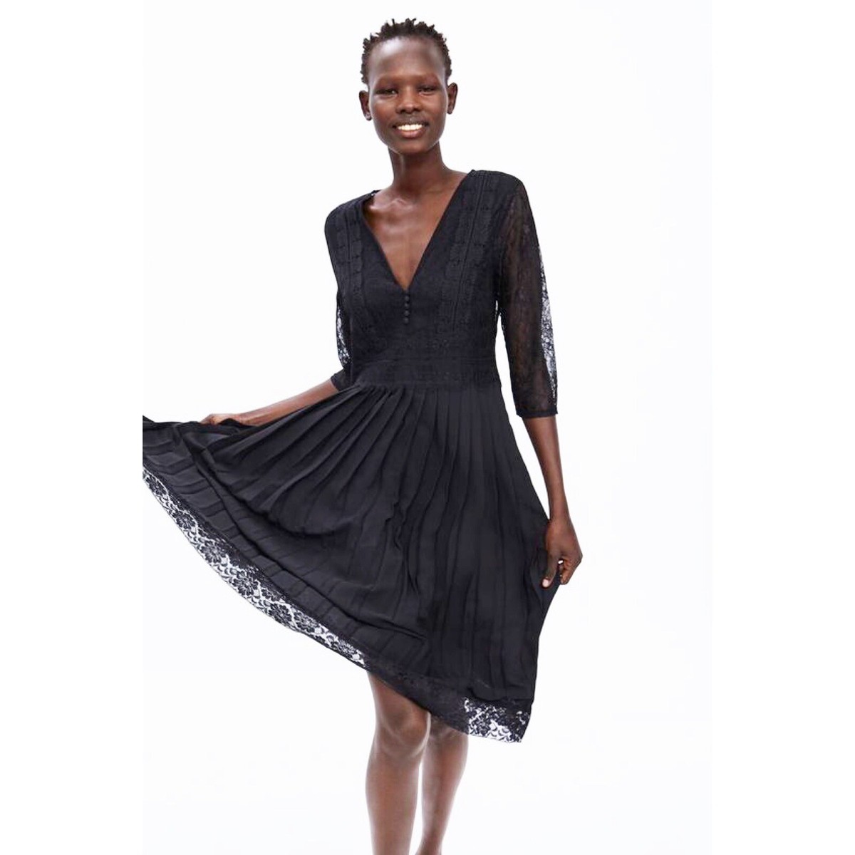 zara lace pleated dress Zara Lace Pleated Midi Plunge Neck Dress Size Large