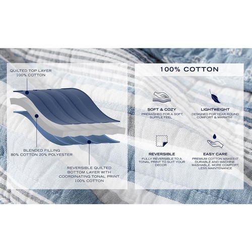 Nautica Quilt Set 90" x 90" Full/Queen Soft Cotton Polyester Plaid Blue 3-Piece - Picture 5 of 11
