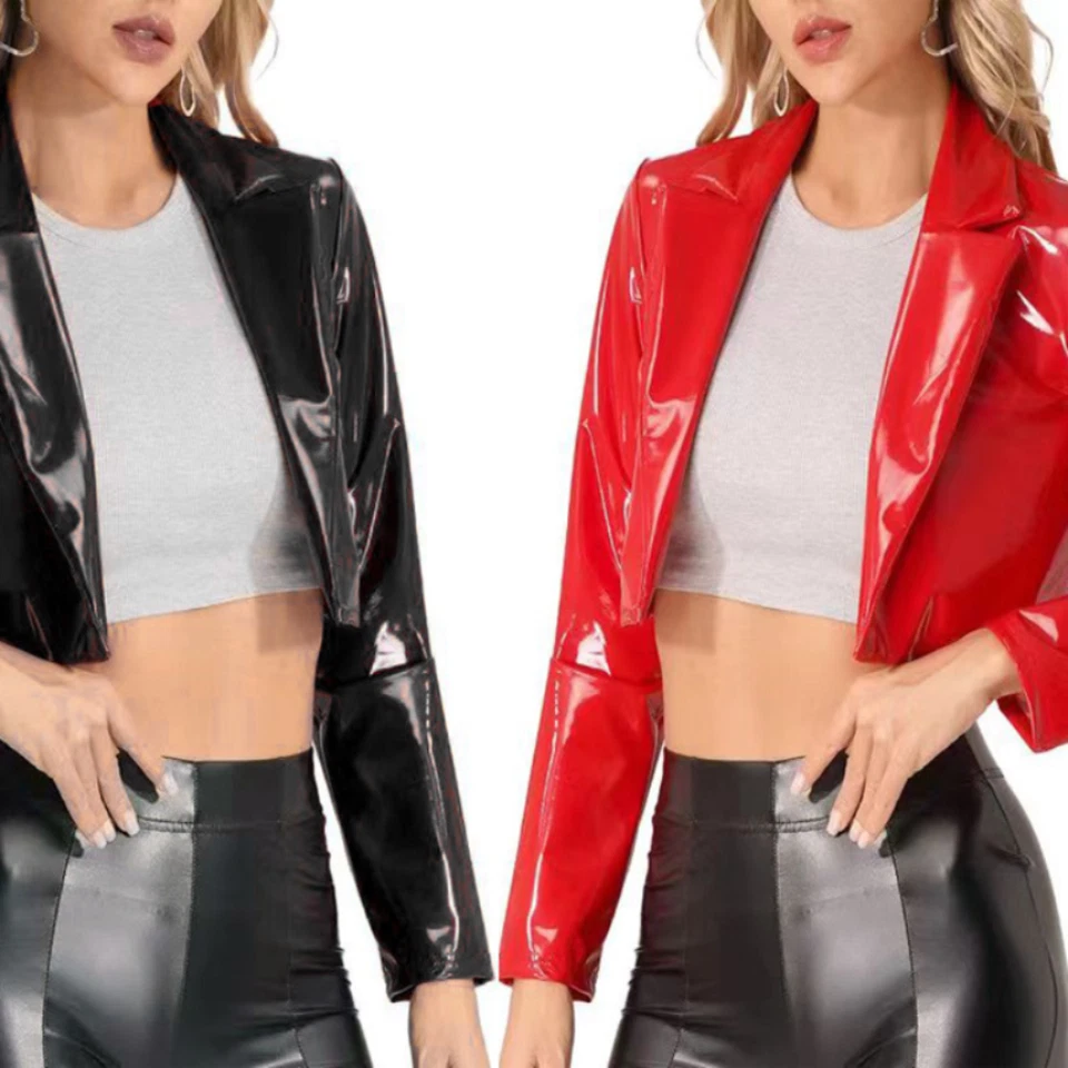Lady Patent Leather Coat Jacket Cardigans Crop Tops Punk Shiny Retro Casual Cool - Image 2 of 4