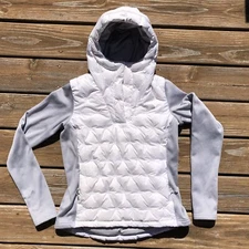 The North Face White Gray Mashup Hoodie Pullover Puffer Jacket 550 Down Womens M