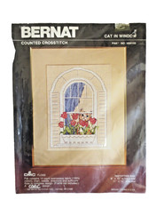 1986 BERNAT COUNTED CROSS STICH CAT IN WINDOW H04155 CeWeC DESIGN 8X10 NIP
