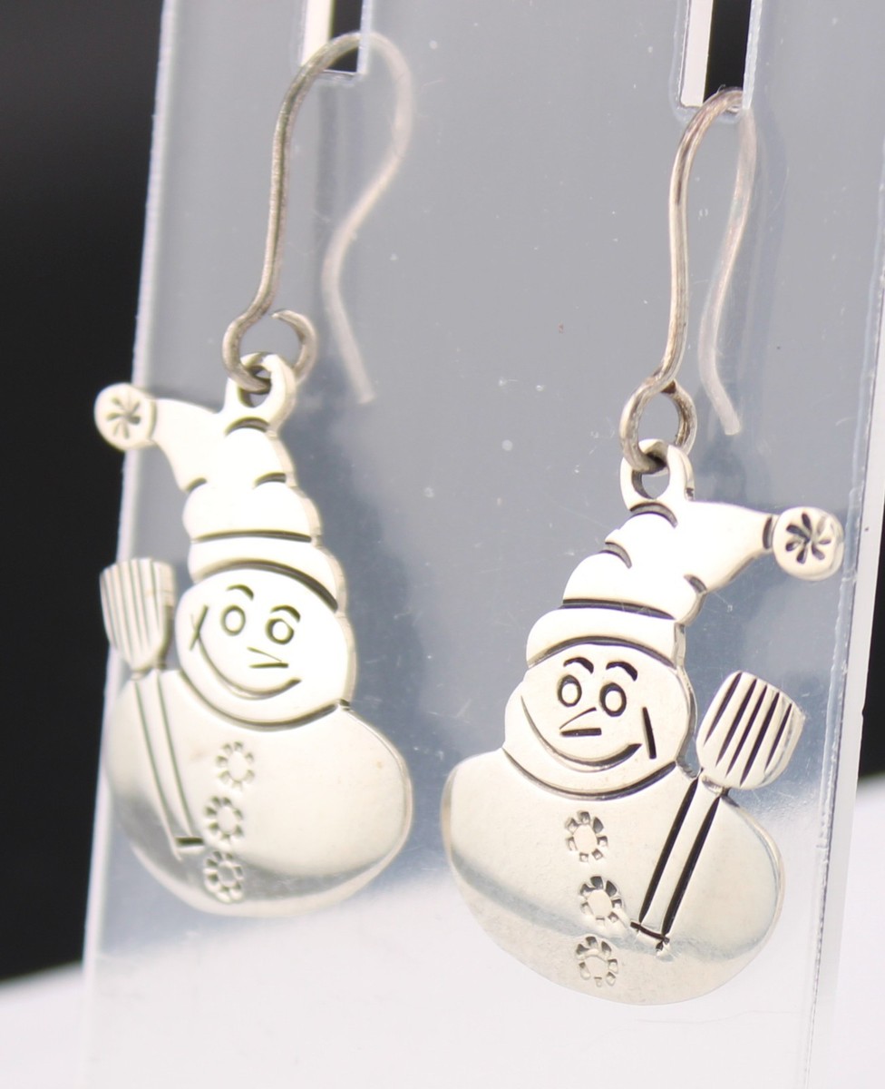 Sweet Vintage Mexico Sterling Silver ⛄ Snowman Dangle Pierced Earrings View 3
