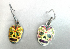 Day of the Dead Sugar Skull Dangle Earrings Jewelry Silver tone