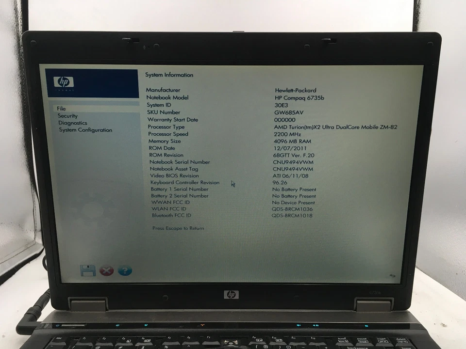 HP COMPAQ 6735B - BOOTS TO BIOS - AMD TURION X2 - 4GB RAM - 15" - READ DESC - BB - Image 2 of 4