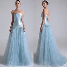 Elegant Strapless Satin Evening Dress Sleeveless Sweep Train Prom Gown