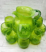Vintage Mexican Hand Blown Green Bubble Glass Pitcher & 8 Tumbler Set