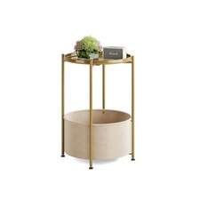 Small Round Side Table with Felt Storage Basket and Removable Tray Gold