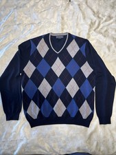 Brooks Brothers Sweater Mens XL Navy Gray Argyle V Neck Italian Merino Wool