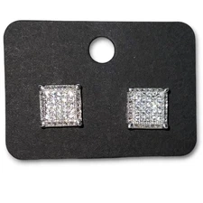 Sterling Silver Square Cluster Stud Pushback Earrings - Iced Flashy 925 VVS1 D