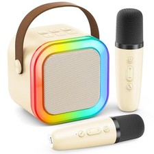 Mini Karaoke Machine for Kids  Adults Portable Bluetooth Speaker 2 Mics Beige