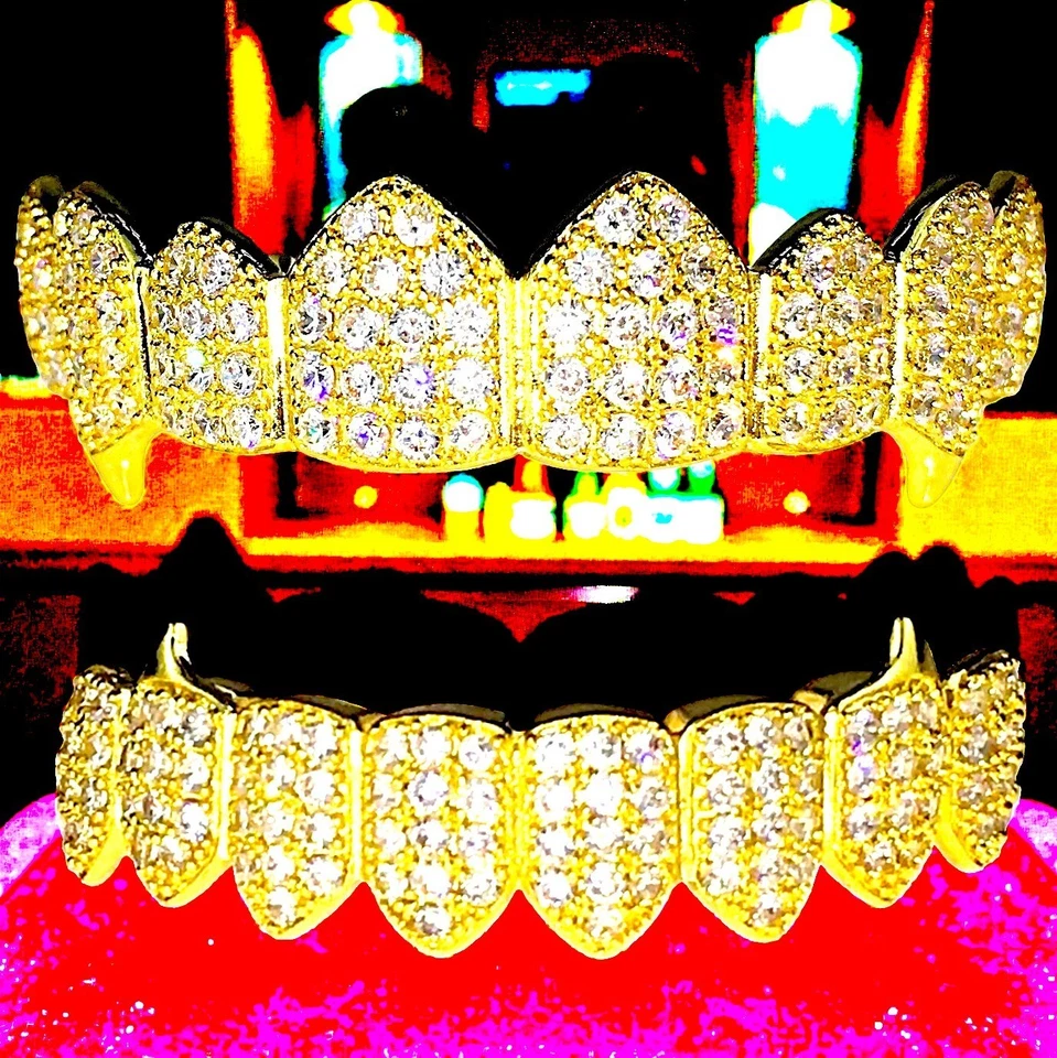 14K Gold Plated Iced CZ Vampire Fang Grillz Set – 8 Top & 8 Bottom Hip Hop Bling - Image 2 of 2