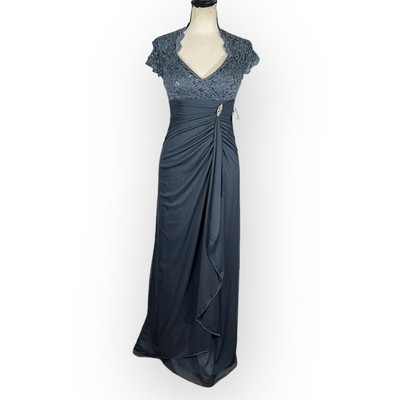 B&A by Betsy & Adam Sequined Ruffled Gown Women's Petite 2P Gray Scallop Sleeve 