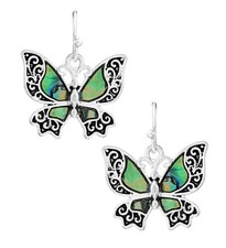 Resin Abalone Butterfly Drop Earrings Silvertone Greenish