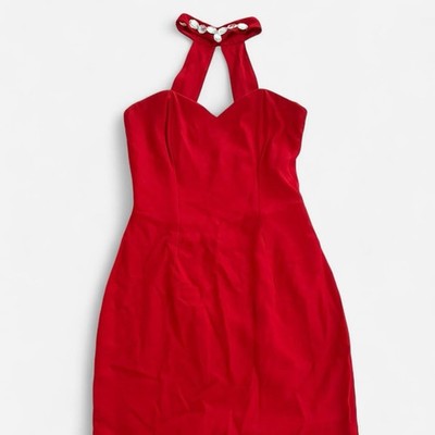 Jessica McClintock Gunne Sax Red Halter Sweetheart Sheath Satin Beaded 7/8