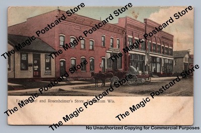 Eagle Hotel & Rosenheimer Store KEWASKUM Wisconsin Hand Colored Fond du Lac 1909