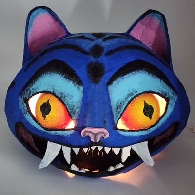Handmade Blue Cat Halloween Lantern Cardboard Paper Tape Glue Artist Painted