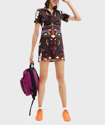 Desigual Damen Shirtkleid Twist Front Multi Abstrakt Geometrisch S 22WWVW19