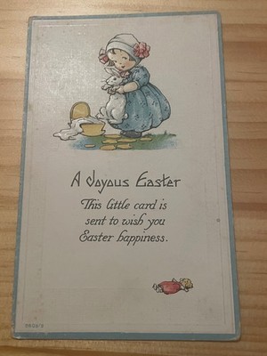 Vintage 1913 Easter Postcard Mailed Handwritten Illustrated Girl Bunny Embossed
