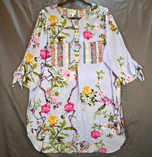 Fig and Flower Light Blue Floral Tunic Blouse Round Neck 3/4 Tie Sleeve L