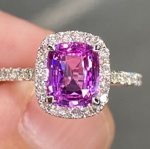 2.26 Ct Cushion Cut Pink Sapphire & Lab Grown Diamond Wedding Ring 950 Platinum - Picture 4 of 11